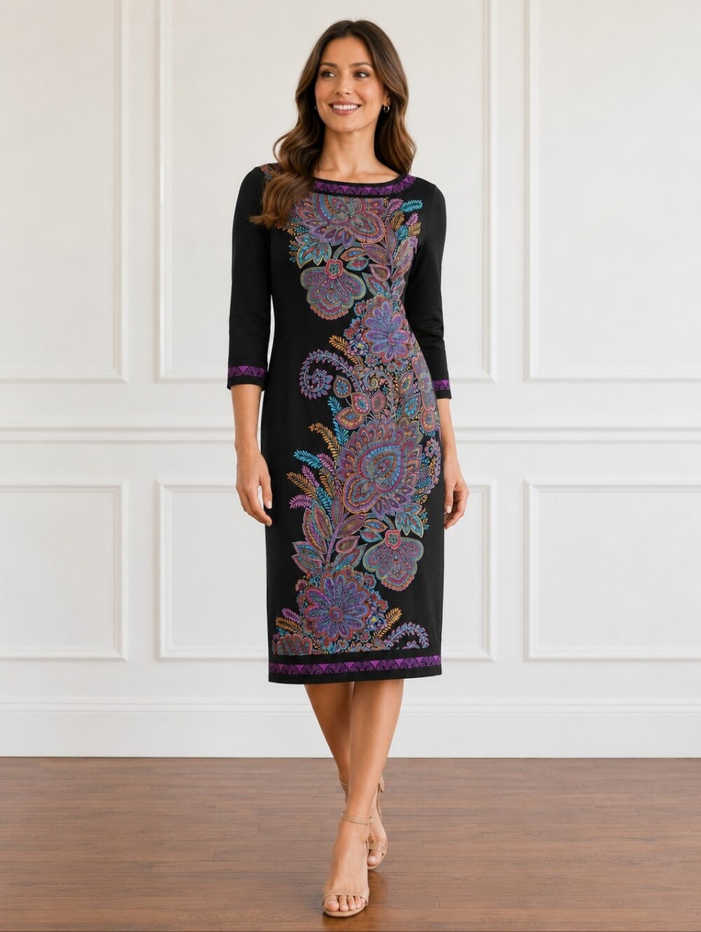 INC International Concepts Black Purple Paisley Sheath Dress ¾ Sleeve NWT 2P